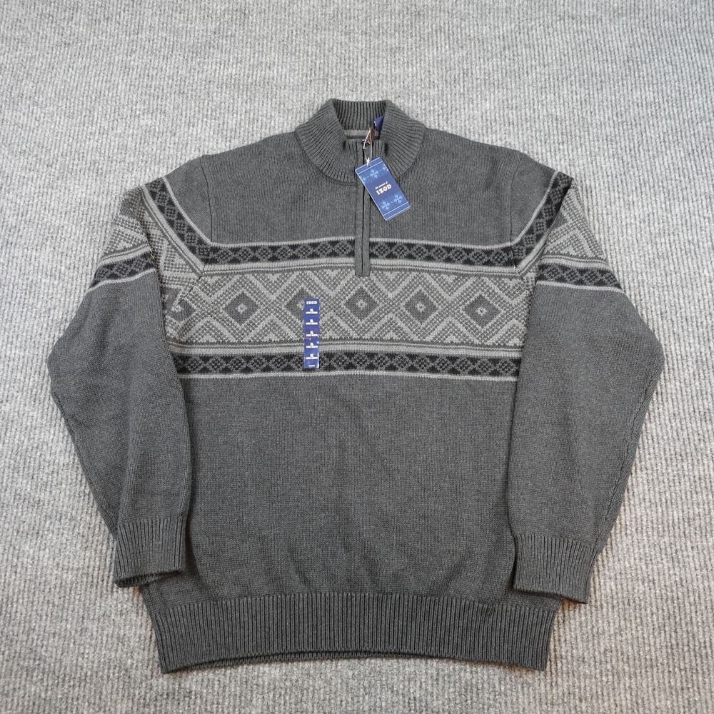 IZOD Sweater Mens XL Gray Fair Isle 1/4 Zip Mock Neck Cotton Knit Pullover NWT